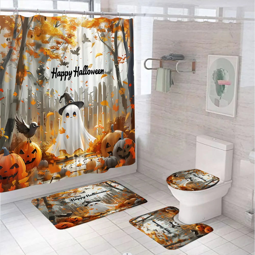 Funny Ghost Shower Curtain Set Halloween Skull Bat Flower Pumpkin Bath Screen Bathroom Mat Non Slip Rug Carpet Toilet Cover Home improvement decortion