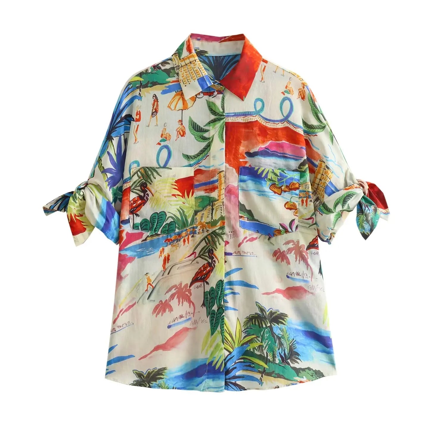 TRAF 2024 Women Summer Casual Print 2 Pieces Skirt Set Pockets Lapel Single-Breasted Shirt Top+Slim Pleated Zipper Pocket Skirt