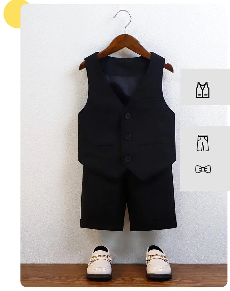 Kids Cool Vest Shirt Shorts Bowtie Ceremony Costume Boys Silm Fit Wedding Dress Chilren's Host Performance Costome