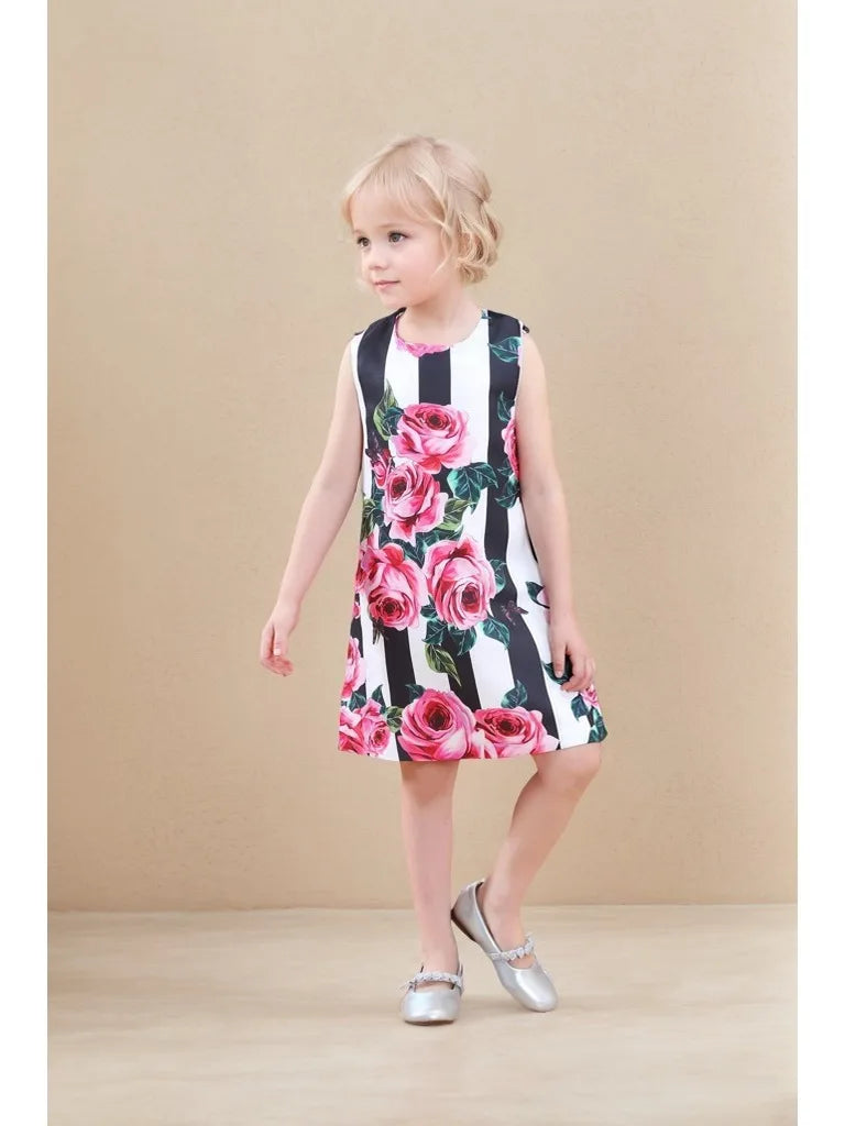 Rose Print Sleeveless Girls Summer Dresses