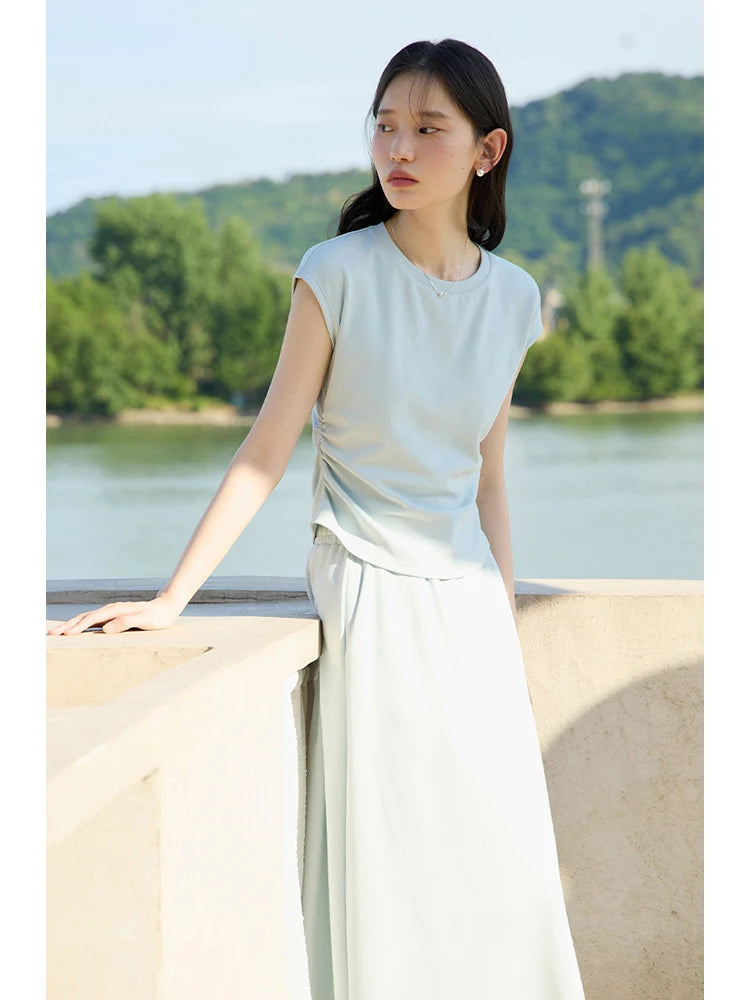 ZIQIAO Petite Relaxing Short Sleeved T-shirt Skirt Set for Women 2024 Summer New Slimming Women Top clothes