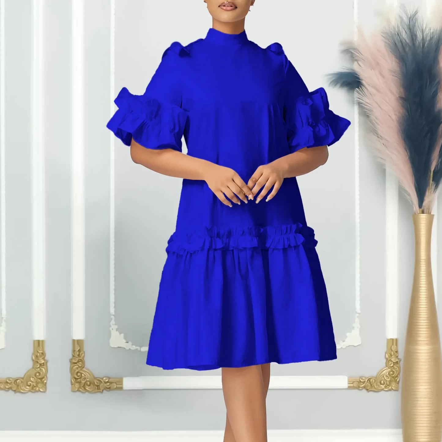 FairyShely Solid 2025 Verge Short Sleeve Plus Size Dress Women Large Loose Big Folds Dresses Lady Summer Party Tight Curvy Dress
