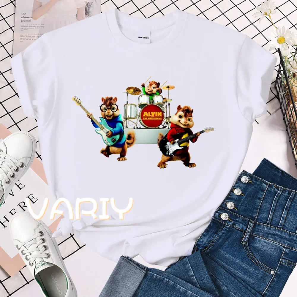 Female Alvin and the Chipmunks Printing O-neck Short Sleeve T-Shirt 2025 New Summer Trend Loose Top Tee Shirt Women Clothes