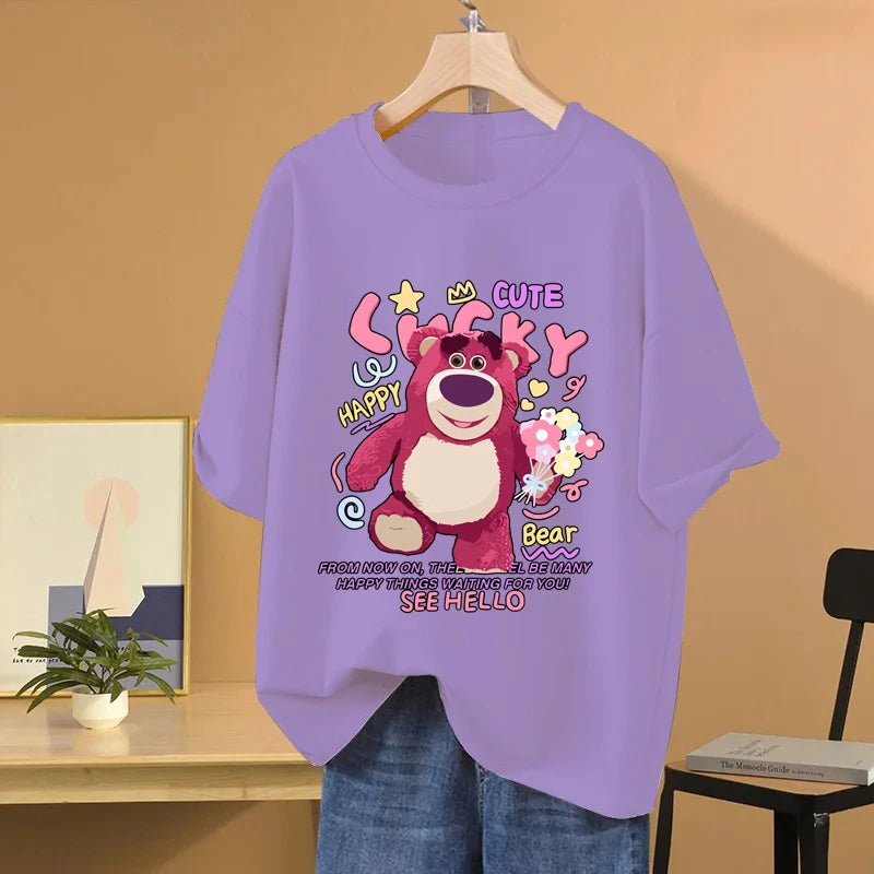 Lotso Bear Cartoon Anime Women T-shirt Summer Short Sleeve Men Tee Shirts 100% Cotton 2025 New Fashion Couple Clothes Tops