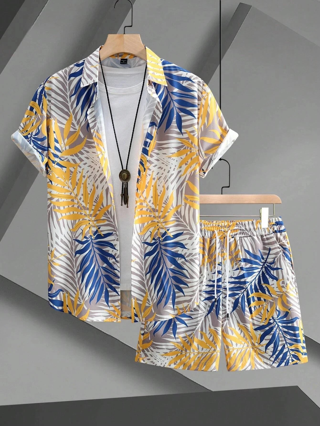 Hawaiian Flamingo Strip Printed Set Casual Streetwear Button Short Sleeve Shirt, Two-piece mon