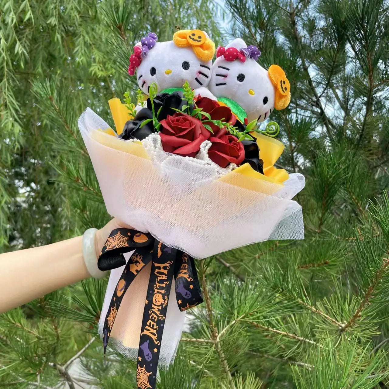 Kawaii Hello Kitty Cat Dolls With Artificial Flowers Creative Sanrio Bouquet Christmas Valentine Birthday Graduation Gifts