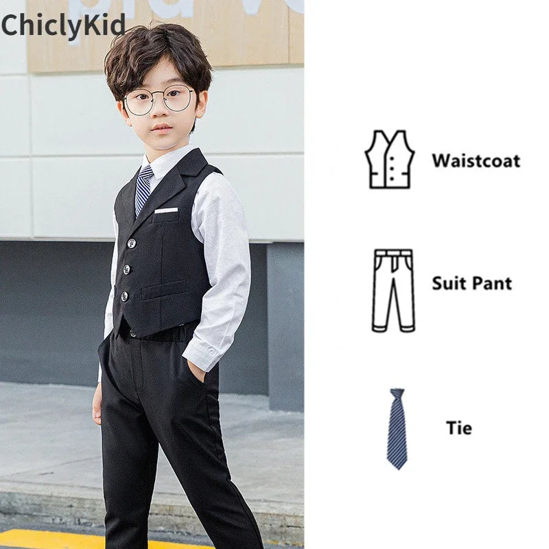 Boy Plaid Vest Blazer Kids Waistcoat Wedding Clothes Set Toddler Formal Dress Suit Child Brooch Shirt Pant Baby Gentlemen Outfit