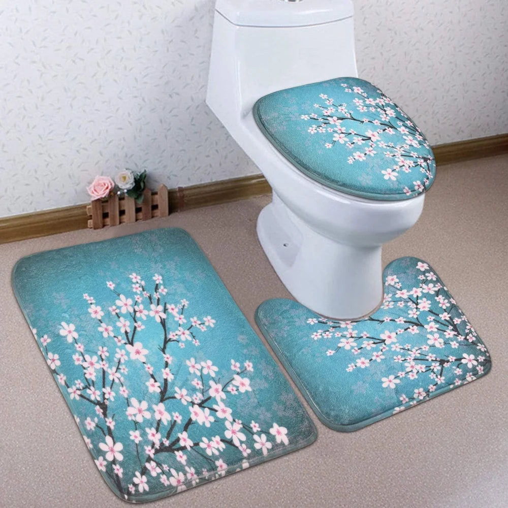 Japanese Cherry Blossom Shower Curtain Set Non-Slip Rug Toilet Lid Cover Bath Mat Spring Sakura Flower Pastoral Bathroom Curtain