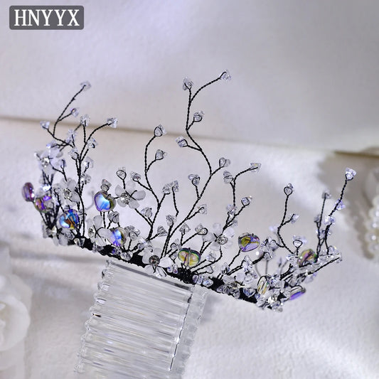 HNYYX Fashion Rhinestone Crown Women's Hair Accessories Earrings Set Handmade Jewelry Princess Hair Tiara Headband Gift A243
