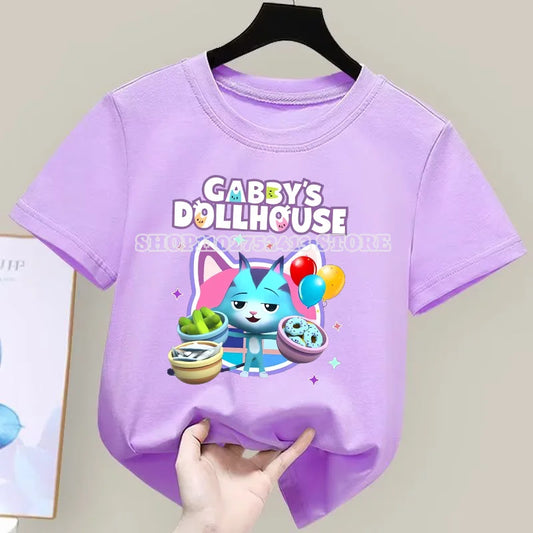 تي شيرت Gabby Dollhouse مطبوع عليه رسوم متحركة للفتيات ملابس أطفال بسيطة لطيفة برسوم كرتونية تي شيرت صيفي أرجواني للأطفال هدية عيد ميلاد
