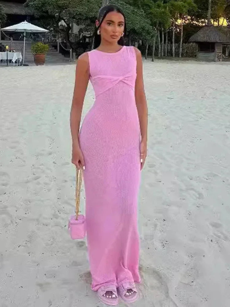 Tossy Summer Beach Knit Maxi Dress For Women Cover-Up Pink Sleeveless Twist Sundress Knitwear See-through Maxi Bodycon Dress New clothes