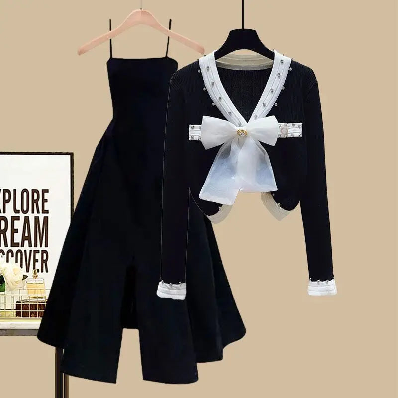 Women's Spring Autumn Single/Outfits 2023 New Skin Covering Slim Fragrant Style Cardigan Waist Wrapped Dress Two Piece Set