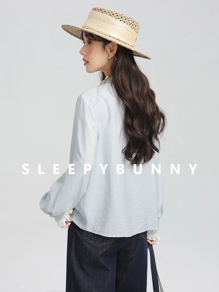 Spring Women Blue Ruffle Trim Long Sleeve Shirt French Vintage Style Loose Fit Blouse Elegant and Chic Top for Petite Frames clothes