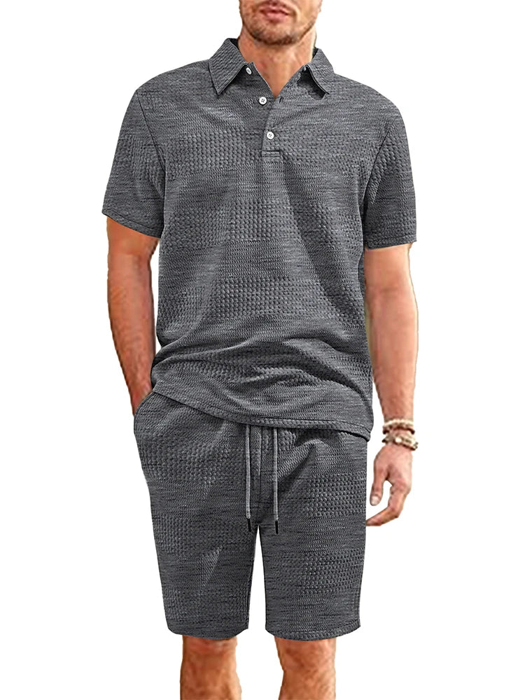 Fashion Textured Jacquard Two Piece Suits For Mens 2025 Summer Casual Solid Color Loose Polo Shirts And Shorts Outfits Men Sets
