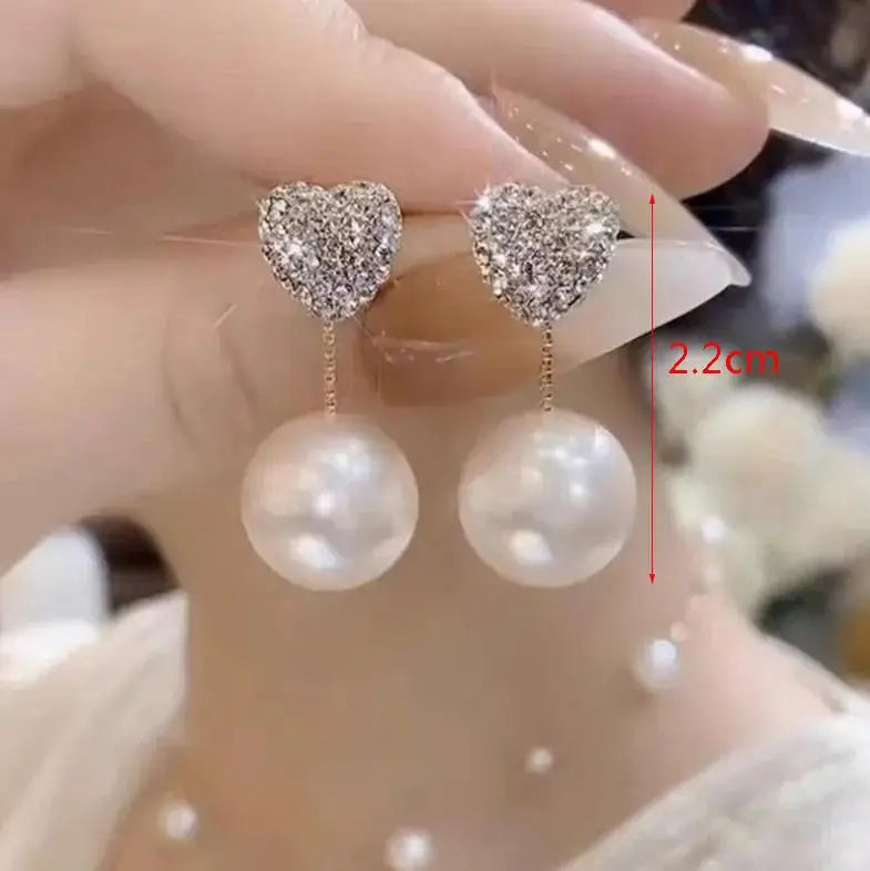 925 Silver Needle Korean Fashion Crystal Heart Earrings For Women Jewelry 2024 Trending Women's Red White Pearl Drop Earrings