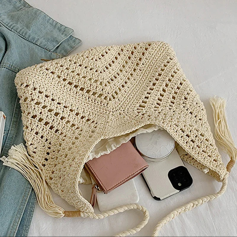 Women Crochet Tote Bag Fashion Knitted Bag Large Capacity Hollow Out Bag Solid Color Tassels Woven Shoulder Beach Tote 2024