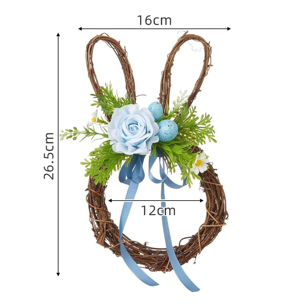 Easter Wreath Cartoon Rabbit Shape Outdoor Home Door Hanging Decoration Hand-Woven Simulated Wreath Ribbon Bow Decoration