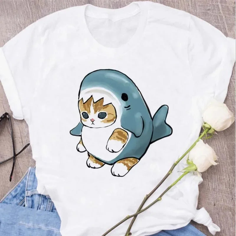 Cute Cats Printing Women T-shirts New Kawaii Women's Tops Fashion Women Clothing Funny Korean Style Creative Casual Clothes Tees