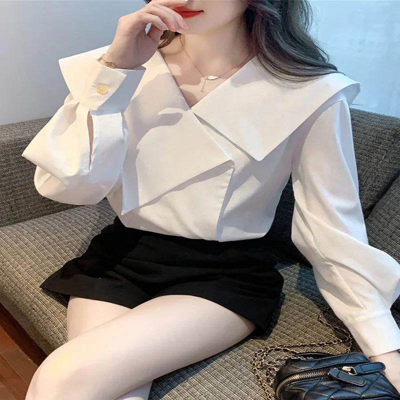 Fashion V-Neck Irregular Lantern Sleeve Blouses Female Clothing Solid Color Women Shirts