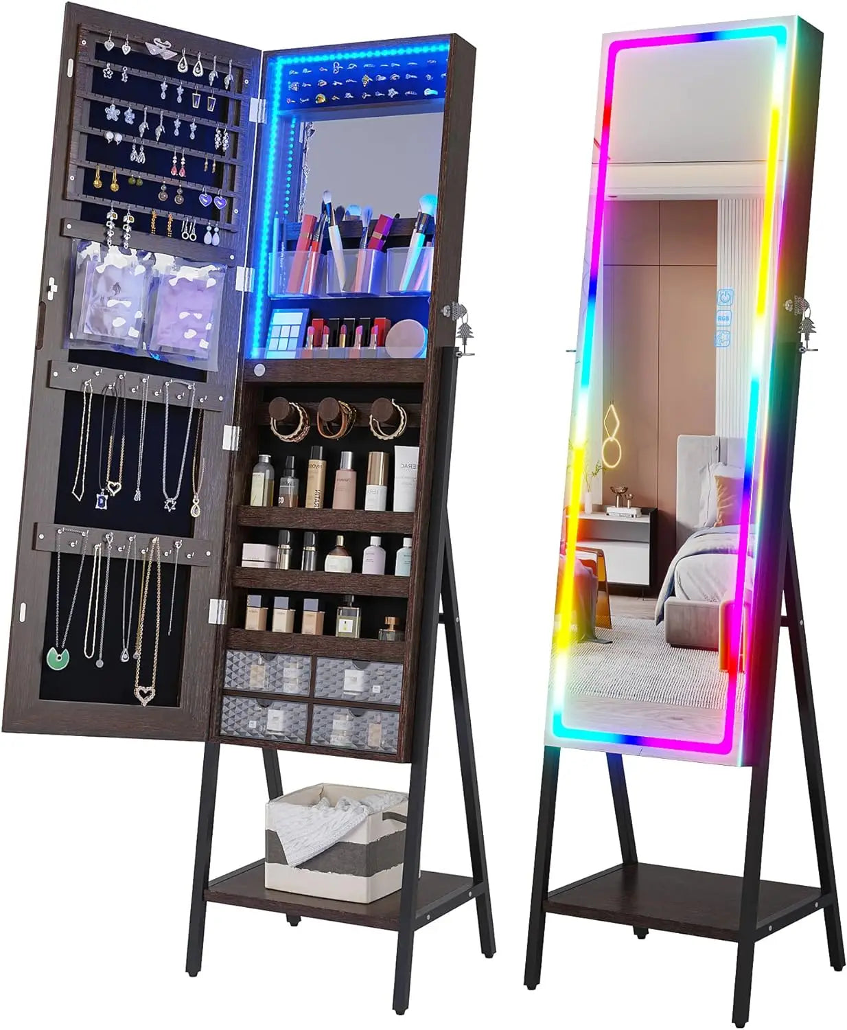 RGB LED Full Length Mirror with Storage for Jewelry, Lockable. home improvement decoration