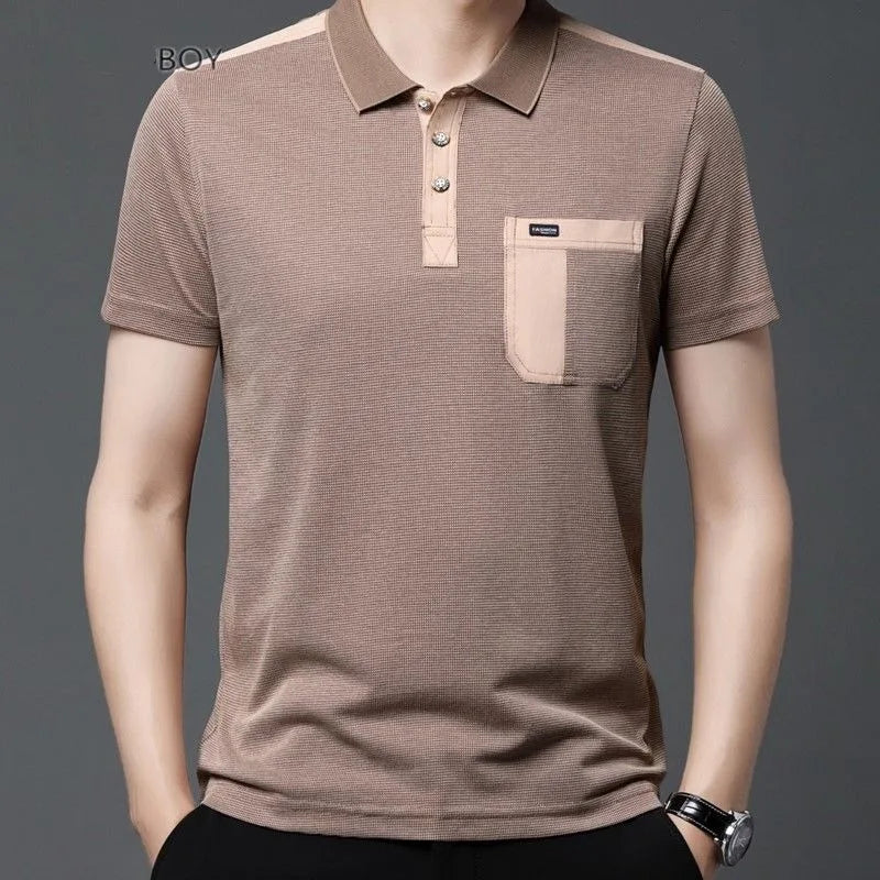 Men's Short Sleeve T-shirt Blouses Summer Thin Casual Poloturn-down Collar Tees Pockets Fashion Patchwork Vintage Tops mon
