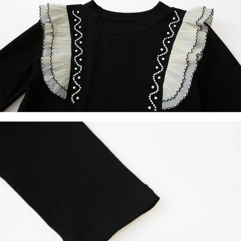 2025 New European Clothes Women Cotton T-shirt Chic O-Neck Patchwork Ruffles Diamonds Beading Tops Spring Long Sleeve Tees
