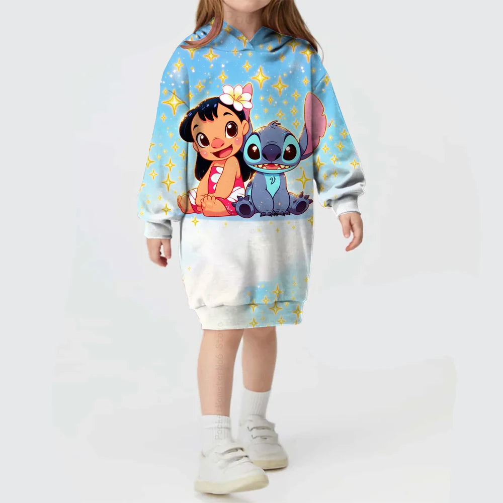 2024 Autumn and Winter Sweater Dress Christmas Disney Stitch Print Hoodie Dress Baby Girl Cute Fashion Hoodie Dress