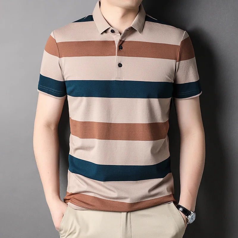 Men's Polo Shirts Korea Man Golf Shirts Summer Striped Print Button Clothing Business Style Male Streetwear Short Sleeve T-Shirt