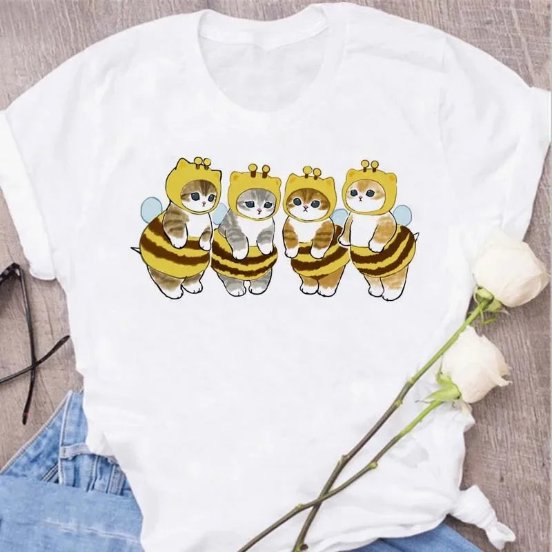 Cute Cats Printing Women T-shirts New Kawaii Women's Tops Fashion Women Clothing Funny Korean Style Creative Casual Clothes Tees