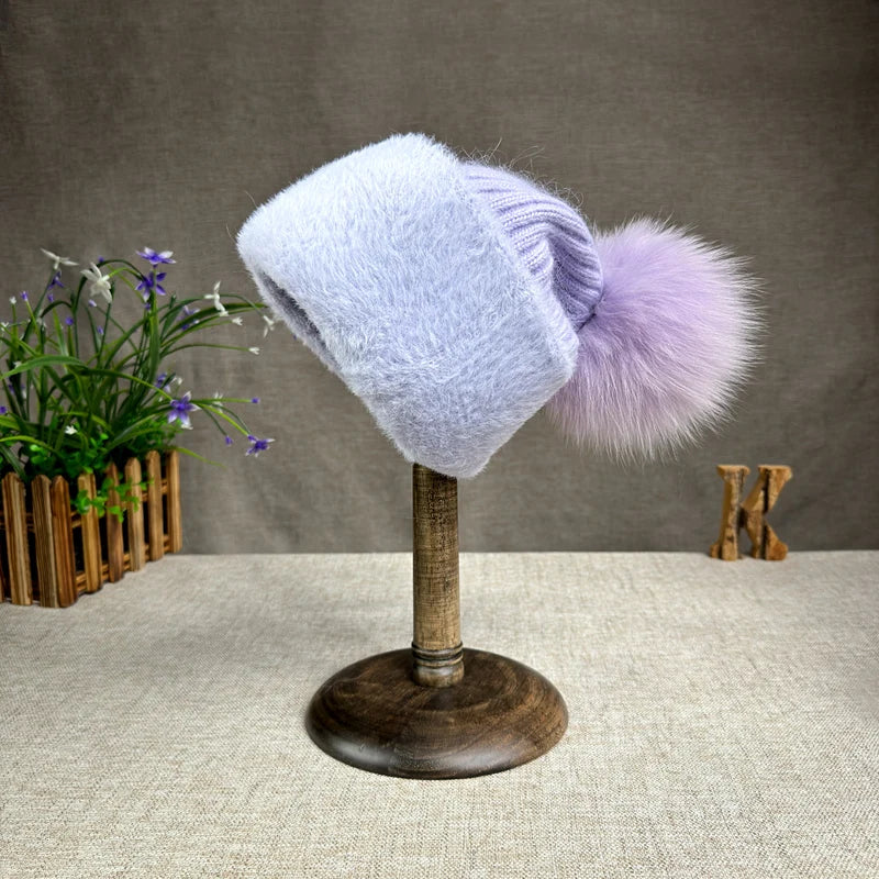 2024 new women's thickened Korean version fox fur ball knitted hat women's autumn and winter rabbit fur plush woolen hat trend