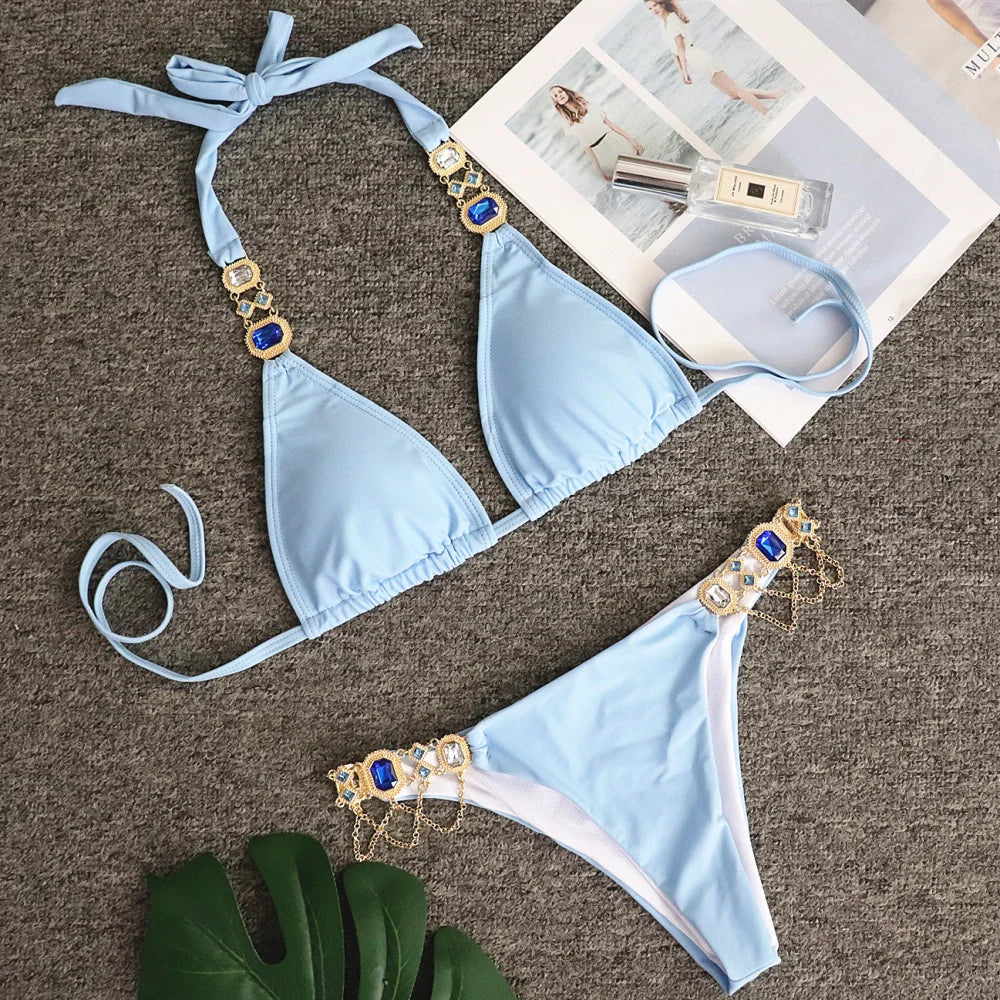 Yellow Bikinis Rhinestones Swimsuits Beach Women Swimwear Push Up Female Bikini Swim Wear Bathing Suits Beachwear Pool Bather