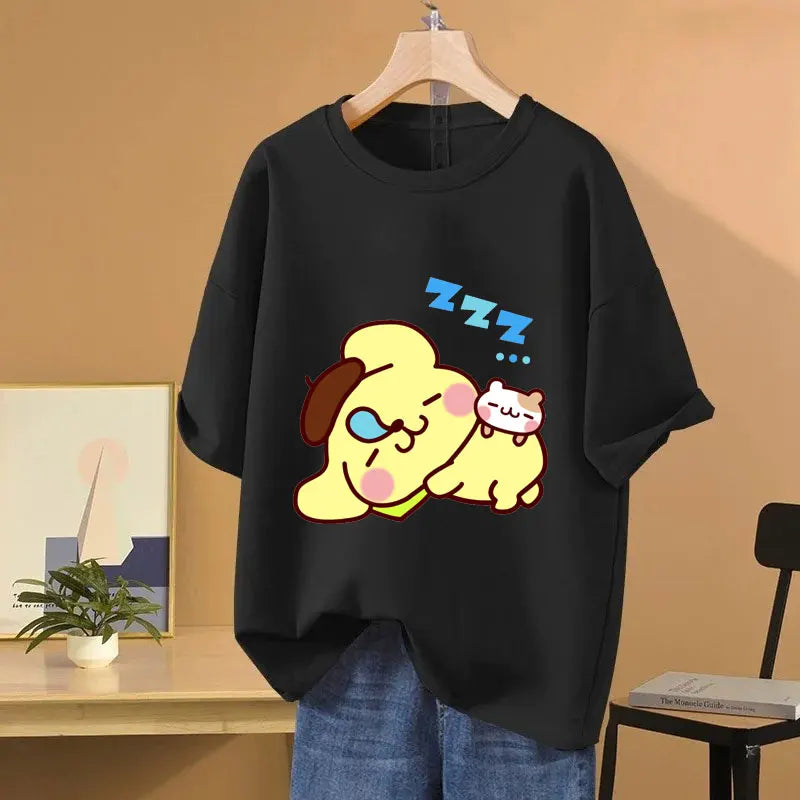 Clothes Pompom Purin Yellow Cartoon Anime Women T-shirt Summer Short Sleeve 100% Cotton Men Tee Shirts Tops 2025 Fashion Couple Clothes