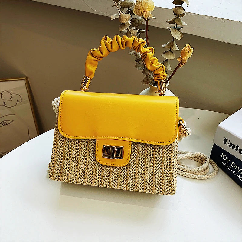 Straw Beach Bag for Women Summer Pleated Handle Luxury Designer Bag Contrast Color Crossbody Purse and Handbag Lady Bolsos
