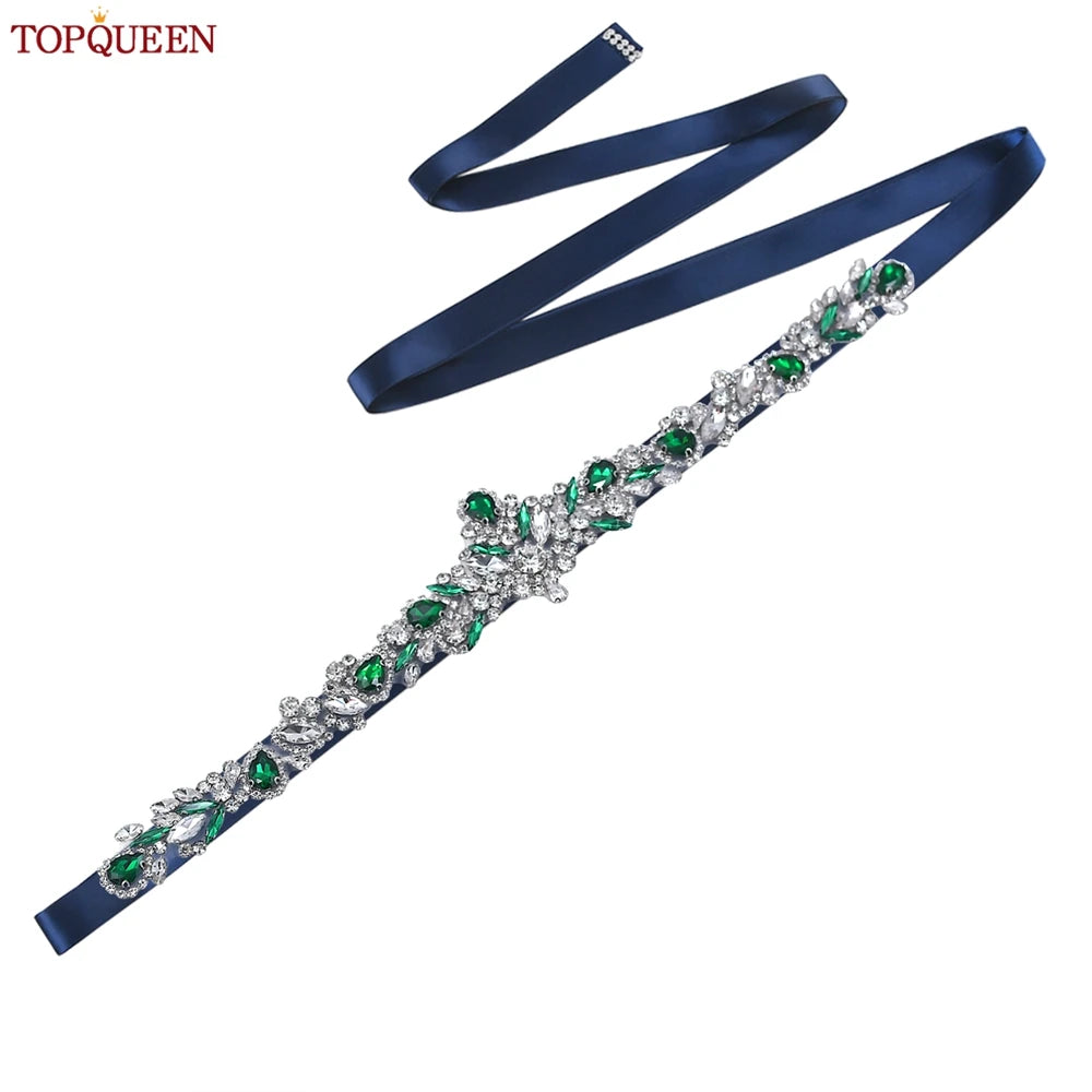 TOPQUEEN S462-KL Rhinestone Bridal Belt Wedding With Green Diamond Wedding Dress Accessories Belt Sash Party Women Dress Belt
