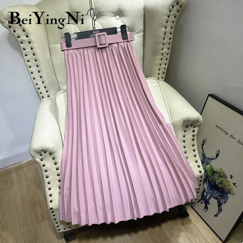 Beiyingni Women's Skirt Belt Casual Fashion Midi Long Pleated Skirts Ladies High Waist Retro Spring Summer Faldas Female 2025