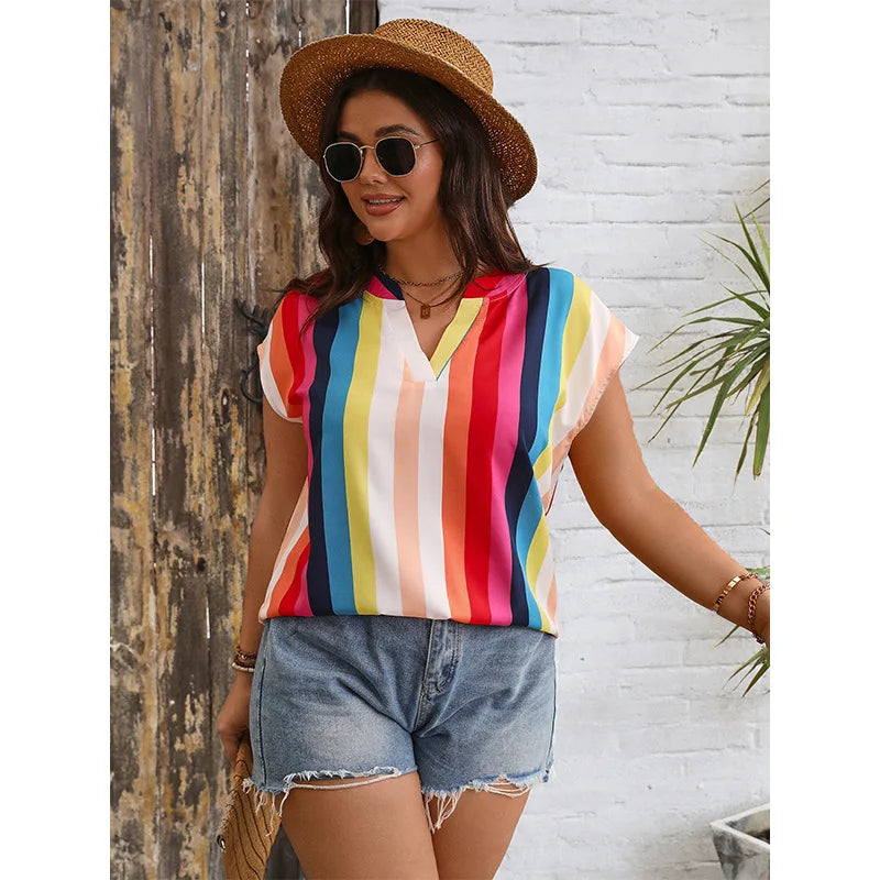 Plus Size Short Sleev Rainbow Color Shirt Top Oversized Women Clothing V Neck Summer Tops