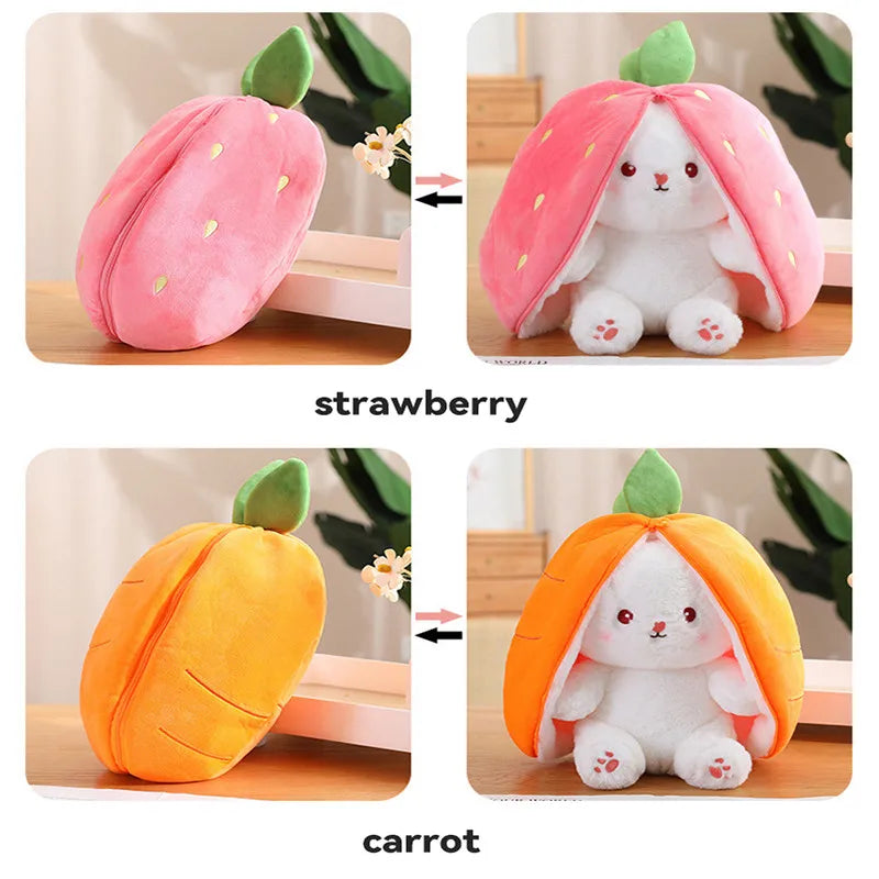 25 cm Cosplay Erdbeer-Karotten-Kaninchen-Plüschtier Ausgestopfte kreative Tasche in Obst verwandeln Baby Kuschelhase Plüschpuppe für Kinder