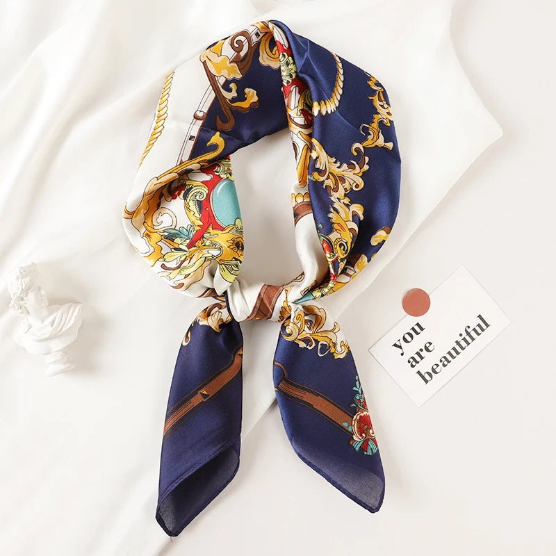 Luxury Brand 2023 Silk Square Scarf Women Cat Neck Hair Tie Band Beach Hijab Kerchief Head Headbands Bandana Female Foulard 70cm