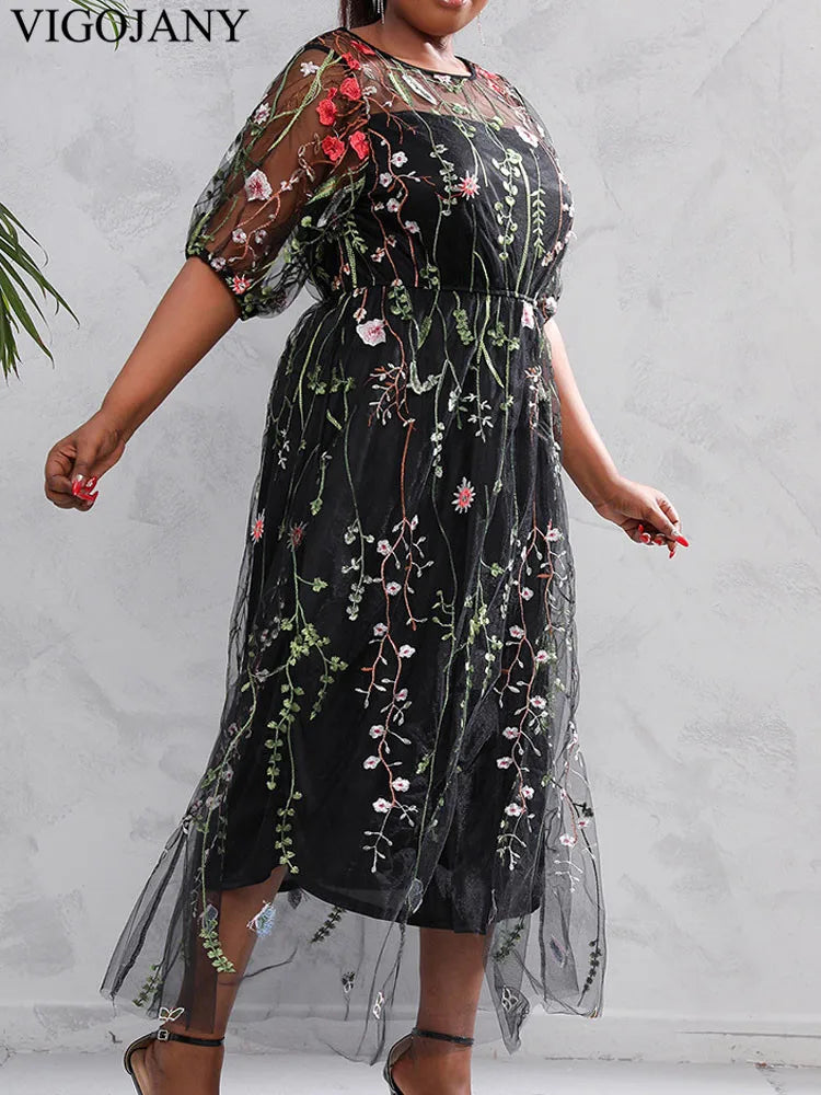 Vigojany 2025 Summer Mesh Patchwork Plus Size Dress Women O Neck Short Sleeve Large Big Dress Casual Lady Chubby Curvy Dresses
