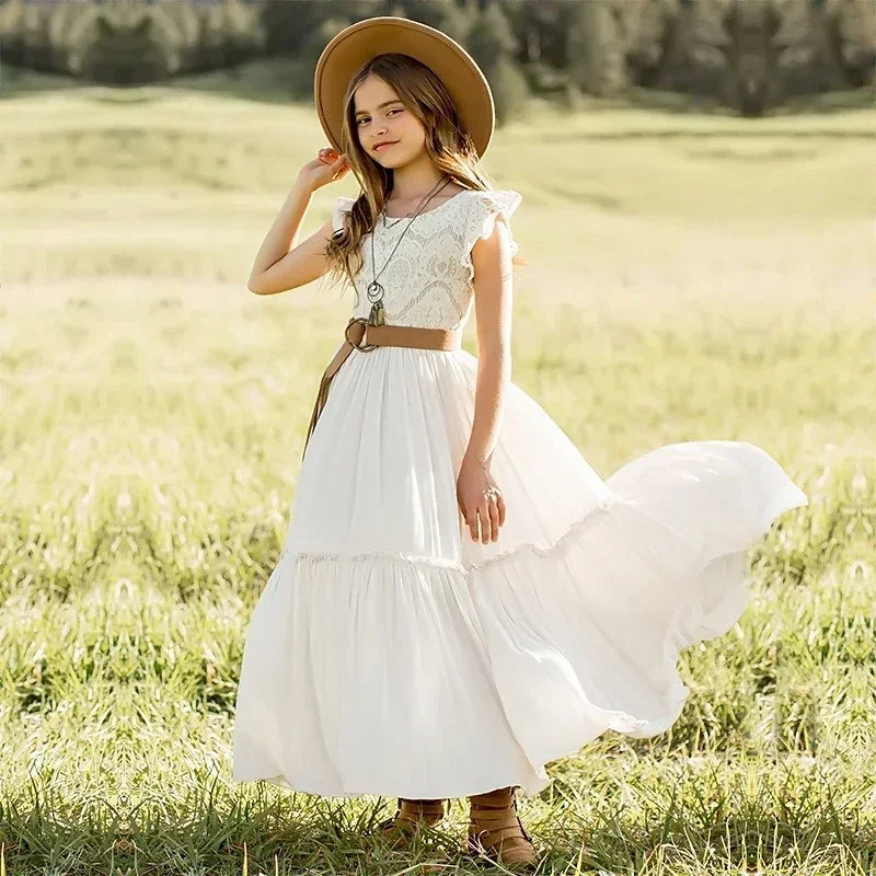 Summer Girls Lace Bohemia Long Dress Kids Flower 3-8 Years