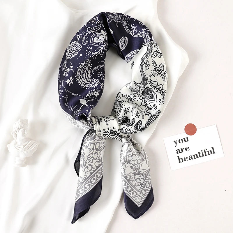 Luxury Brand 2023 Silk Square Scarf Women Cat Neck Hair Tie Band Beach Hijab Kerchief Head Headbands Bandana Female Foulard 70cm