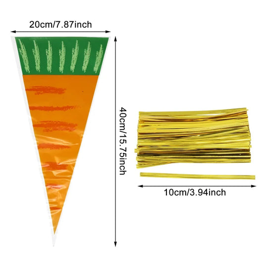 10PCS Carrot Shaped Candy Bags Cone Cellophane Easter Gift Bag with Twist Ties for Holiday Birthday Wedding Party Supplies