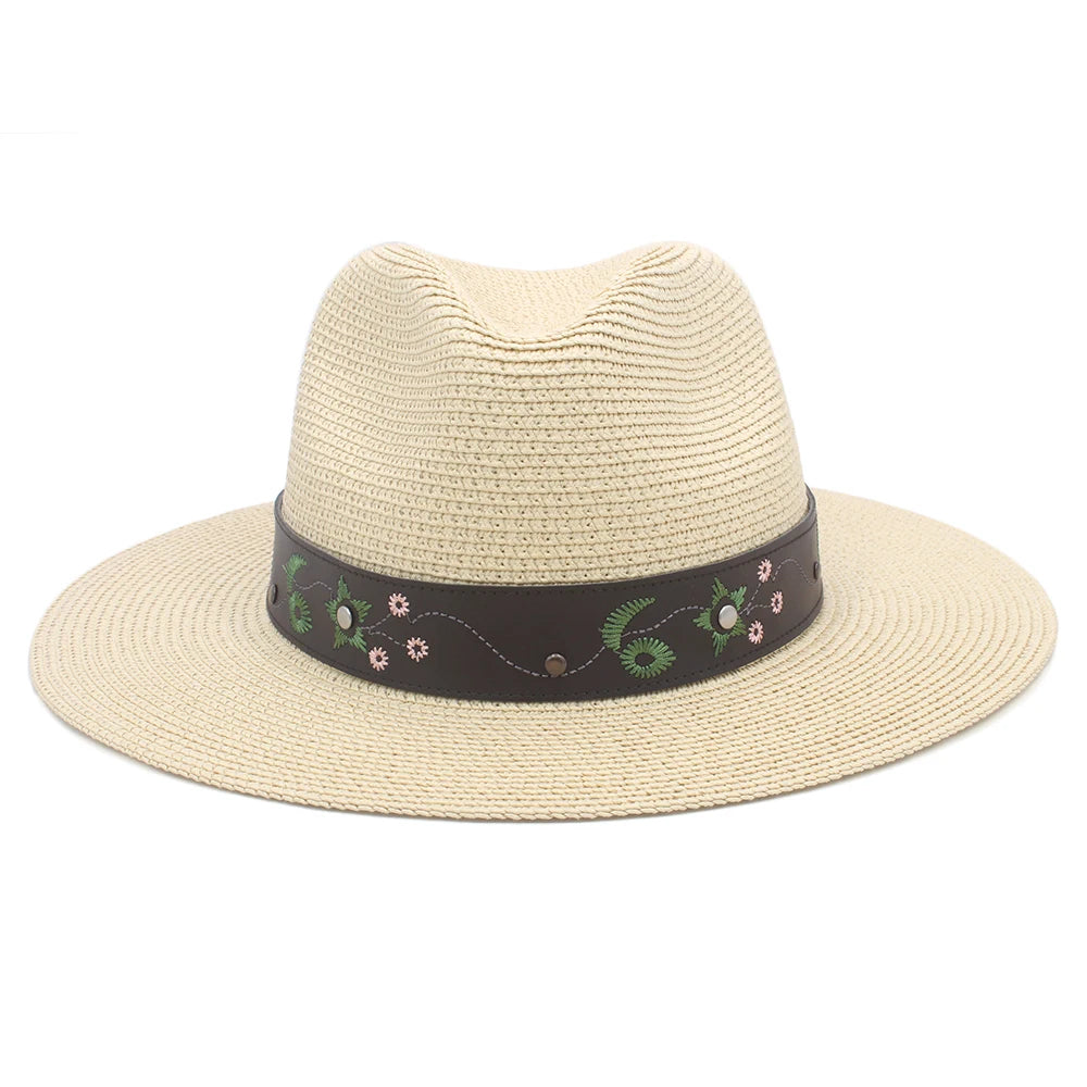 2 Sizes Unisex Men Women Soft Straw Panama Hats Summer Fedora Wide Brim Sunhats Trilby Caps Outdoor Beach Travel Sombrero UK M-L