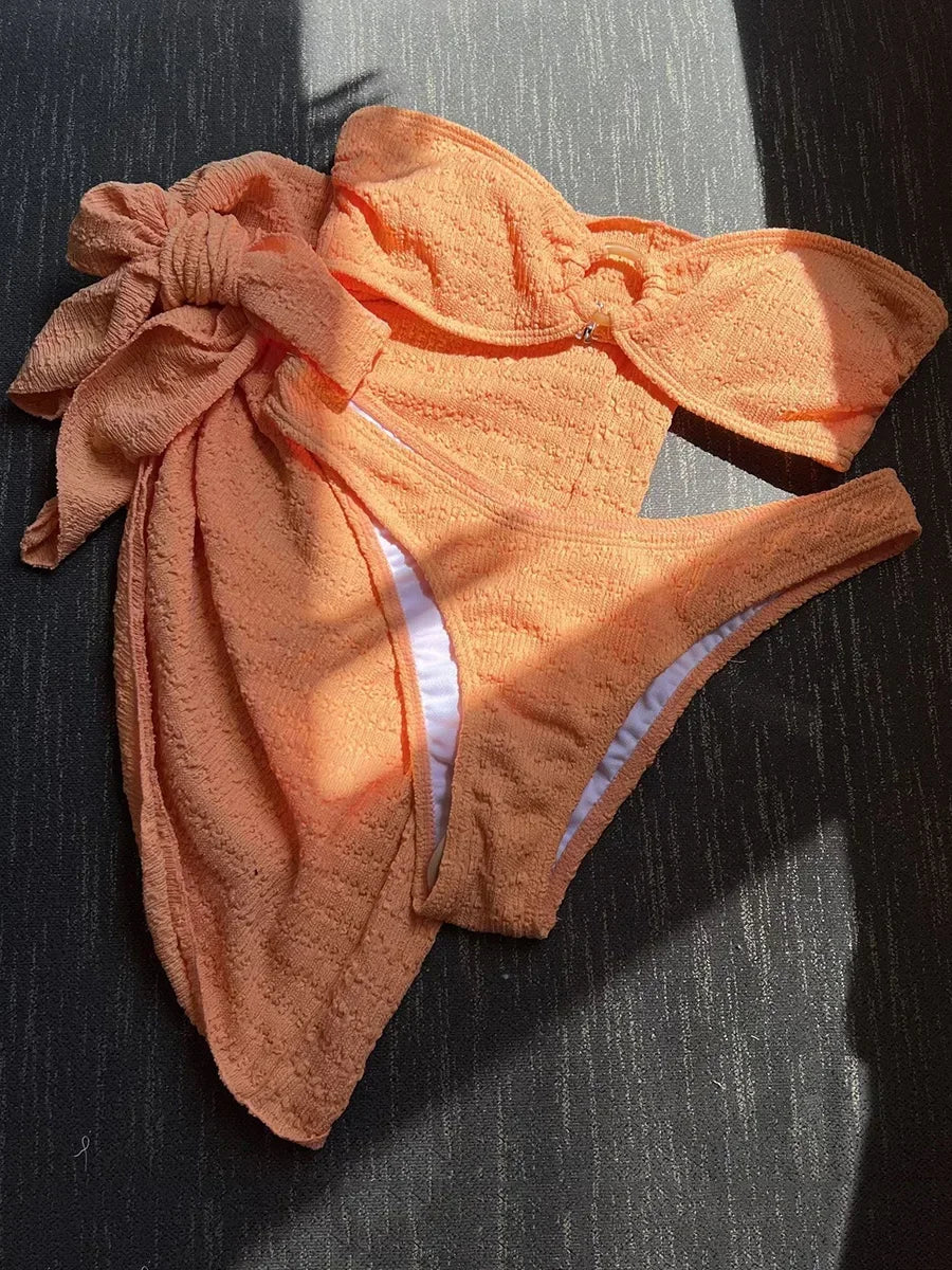With Sarong Bandeau Strapless Wrinkled Bikini Women Swimwear Female Swimsuit Three-pieces Bikini set Bather Bathing Suit Swim