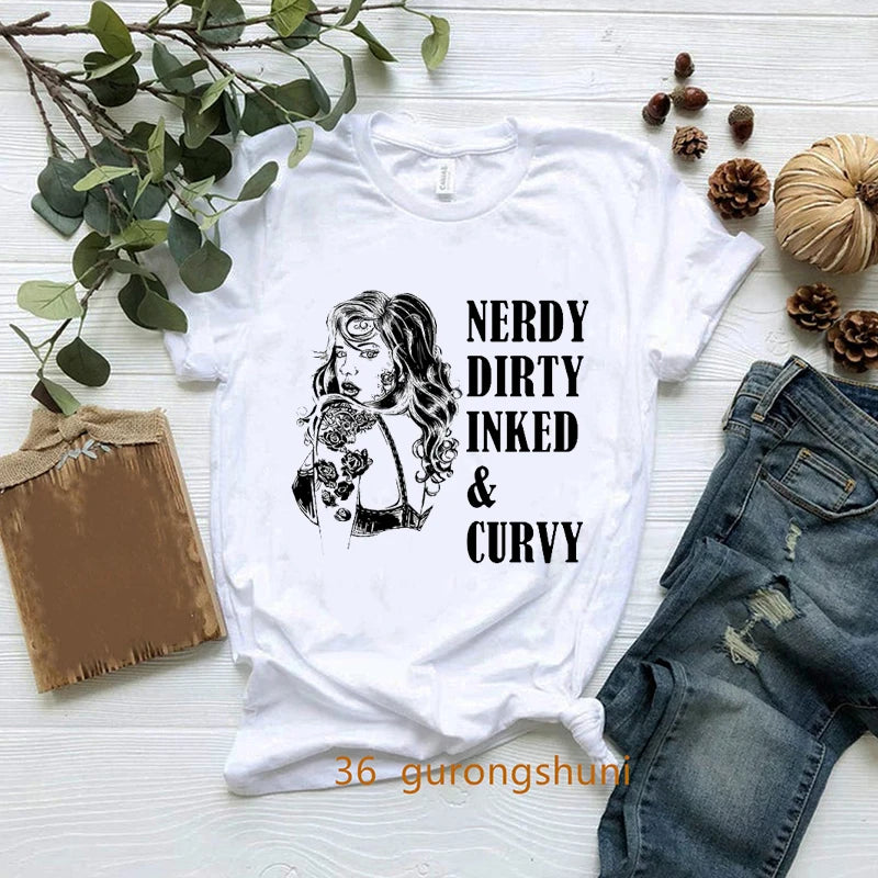New Nerdy Dirty Inked And Curvy T-Shirt Melanin Black Queen Loves Books T Shirt Women Clothes Short Sleeve 90s Tees Summer Tops