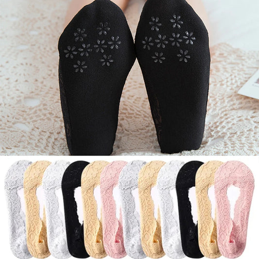 5pairs Summer Women Girl Silica Gel Lace Boat Socks Invisible Cotton Sole Non-slip Antiskid Slippers Anti-Slip Short Ankle Socks