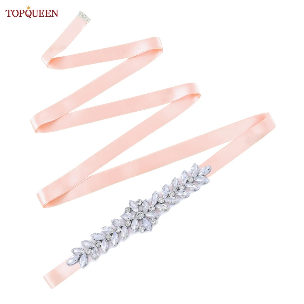 TOPQUEEN Wedding Dress Belt Sash Banquet Party Accessories Bridal Belt Silver Rhinestone Handmade Applique S69