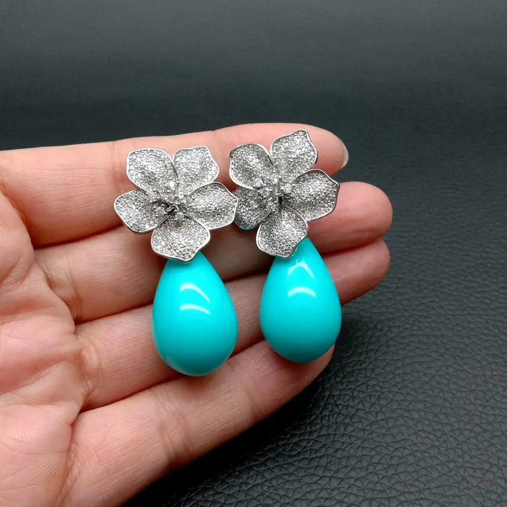 YYGEM 16x27mm Blue Sea Shell Teardrop Cz Pave Flower Stud Gold Plated Stones Earrings Party Elegant Jewelry Dropshipping