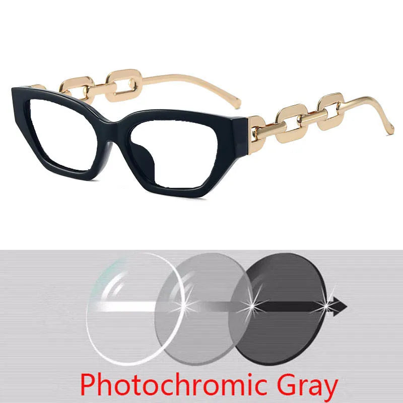 Vintage Small Frame Sunglasses with Chain Legs Cat Eyes Stylish Eyewear Prescription Sunglasses Women 0 -0.5 -0.75 -2.0 To -6.0