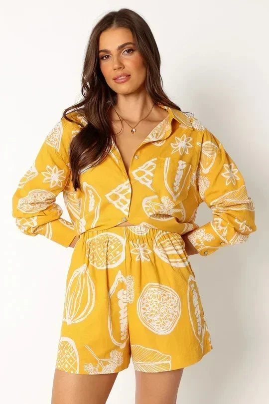 Foridol Fruit Printed Pockets Casual Shirt+shorts Set Outfits Matching Set 2024 Summer Women Spring Beach Oversize White Set